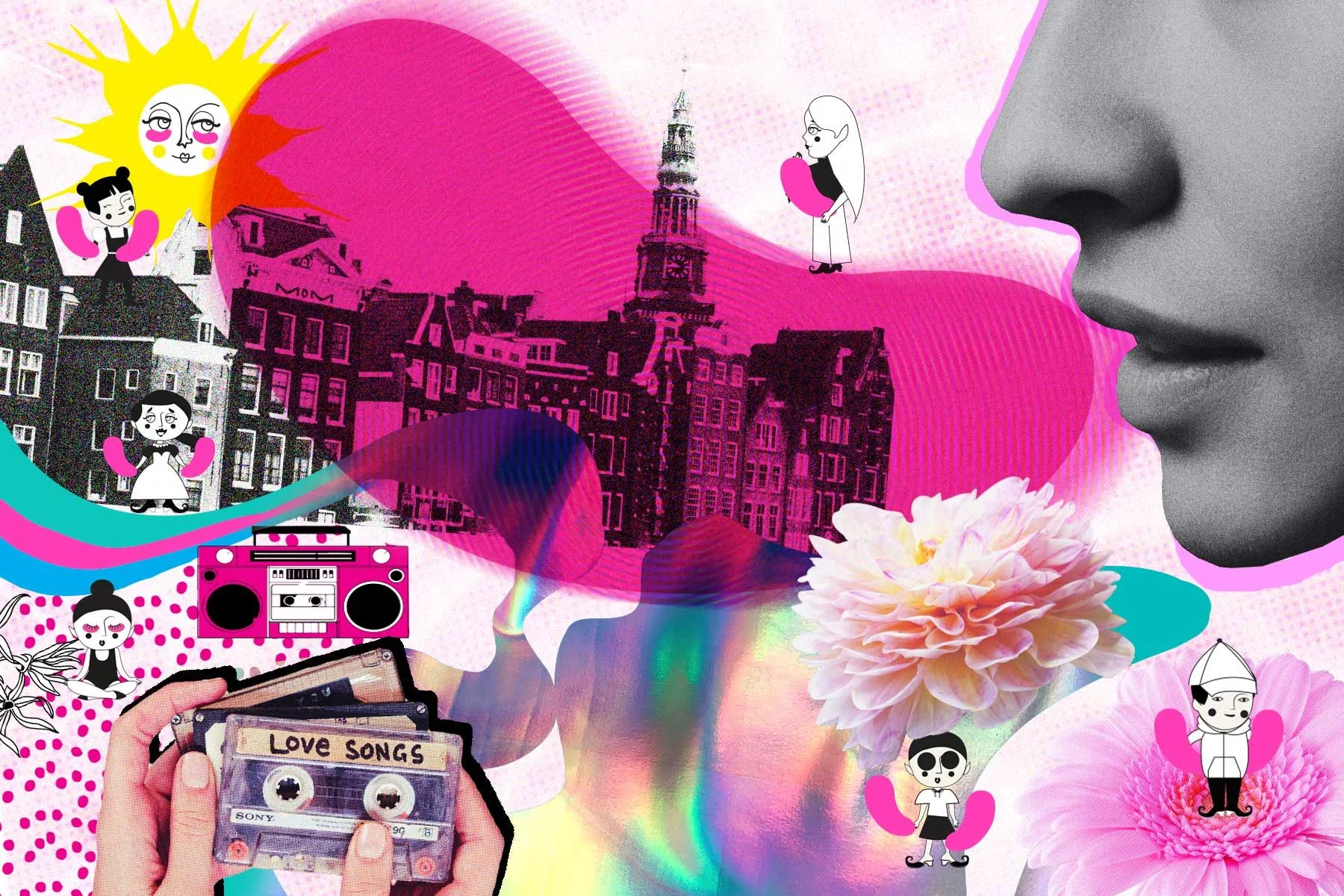 Epic Elves collage with Amsterdam, flowers and cheeky elves